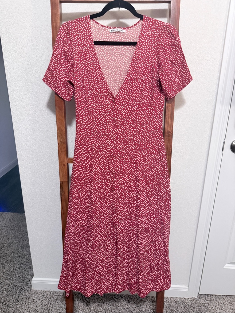Reformation Locklin Dakota Red Ditsy-Print Button Front Midi Dress Size 4